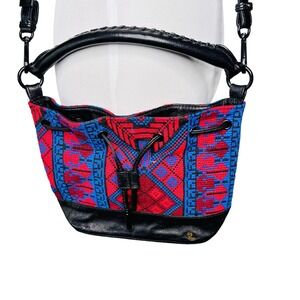 Elliot Luca Woven Bucket Bag Black Leather Red Blue Geometric Boho Crossbody
